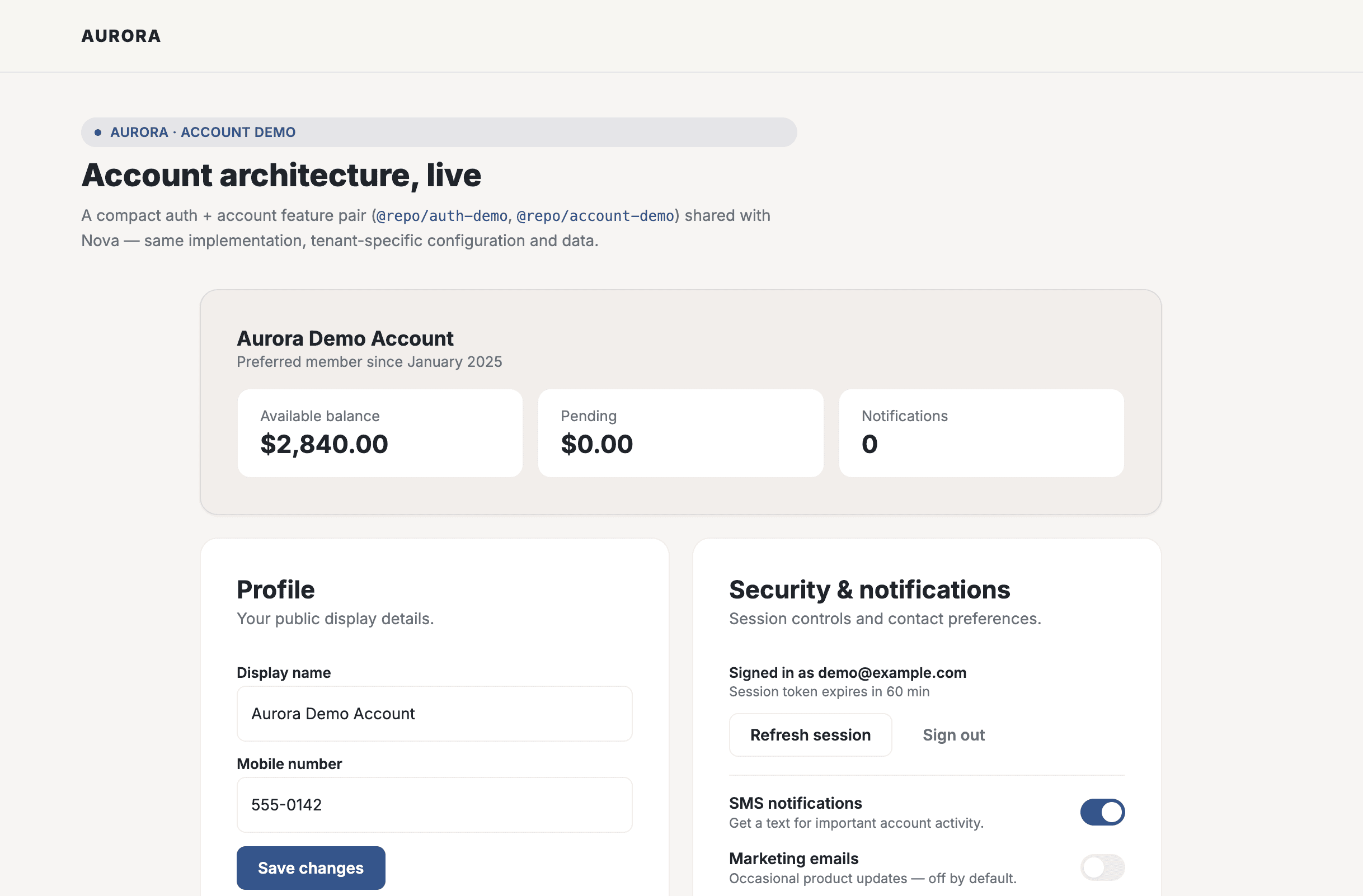 Aurora's account screen from the same shared account-demo feature package: Aurora Demo Account, Preferred membership, $2,840 balance, mobile number 555-0142.