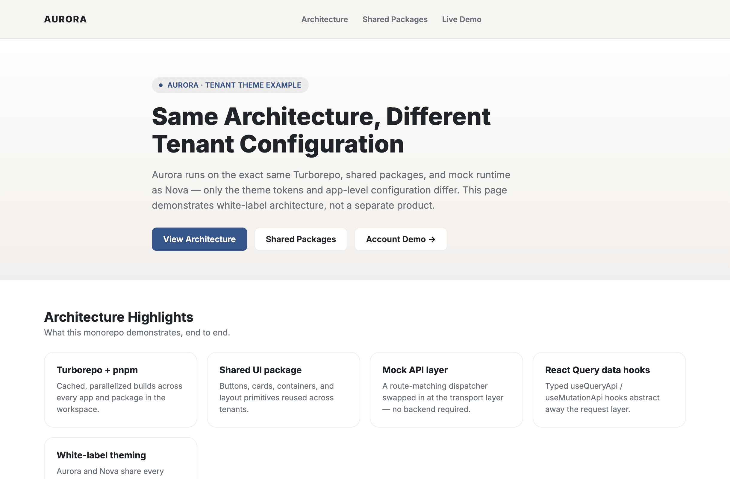 Aurora tenant home screen, running the same shared packages and page structure as Nova with a different theme and branding.